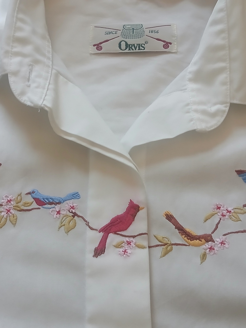 Vintage Orvis White Cotton Collared Shirt Bird Embroidery Cardinal Bluebird - Picture 2 of 11